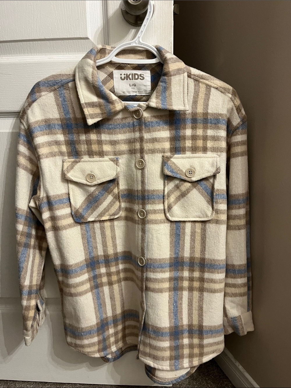 Urban Planet Kids Plaid Shacket in Cream, Brown & Blue